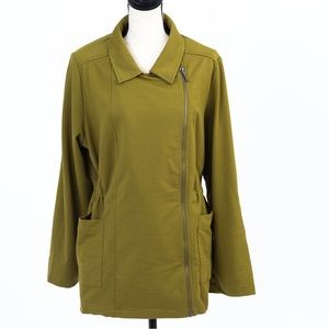 H by Halston French olive green terry anorak jacket with moto style plus 1X
